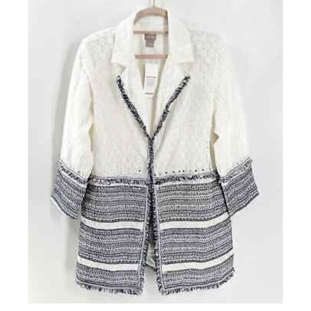 Chico's Embellished Cotton White ,Navy blue Eyelet Jacket Size 0 NWT